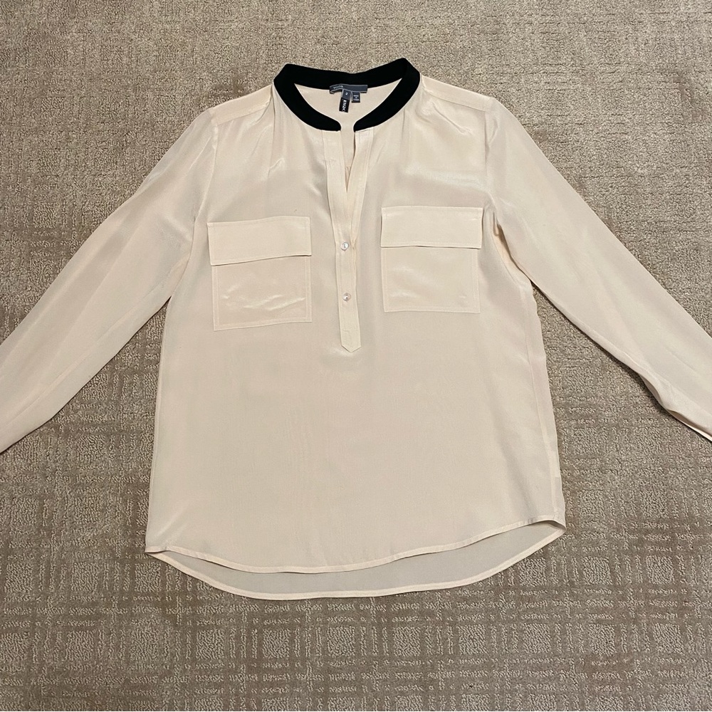 {Vince} Contrast Trim Buff Silk Blouse | Black + Cream ~ Size 2